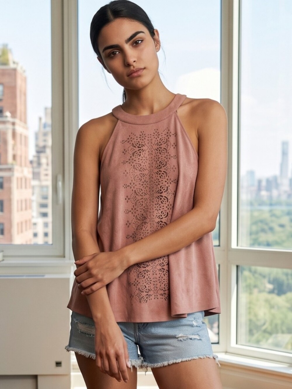 Altar'd State Faux Suede Laser Cut Halter Top Blush Pink Sz Med Boho Festival